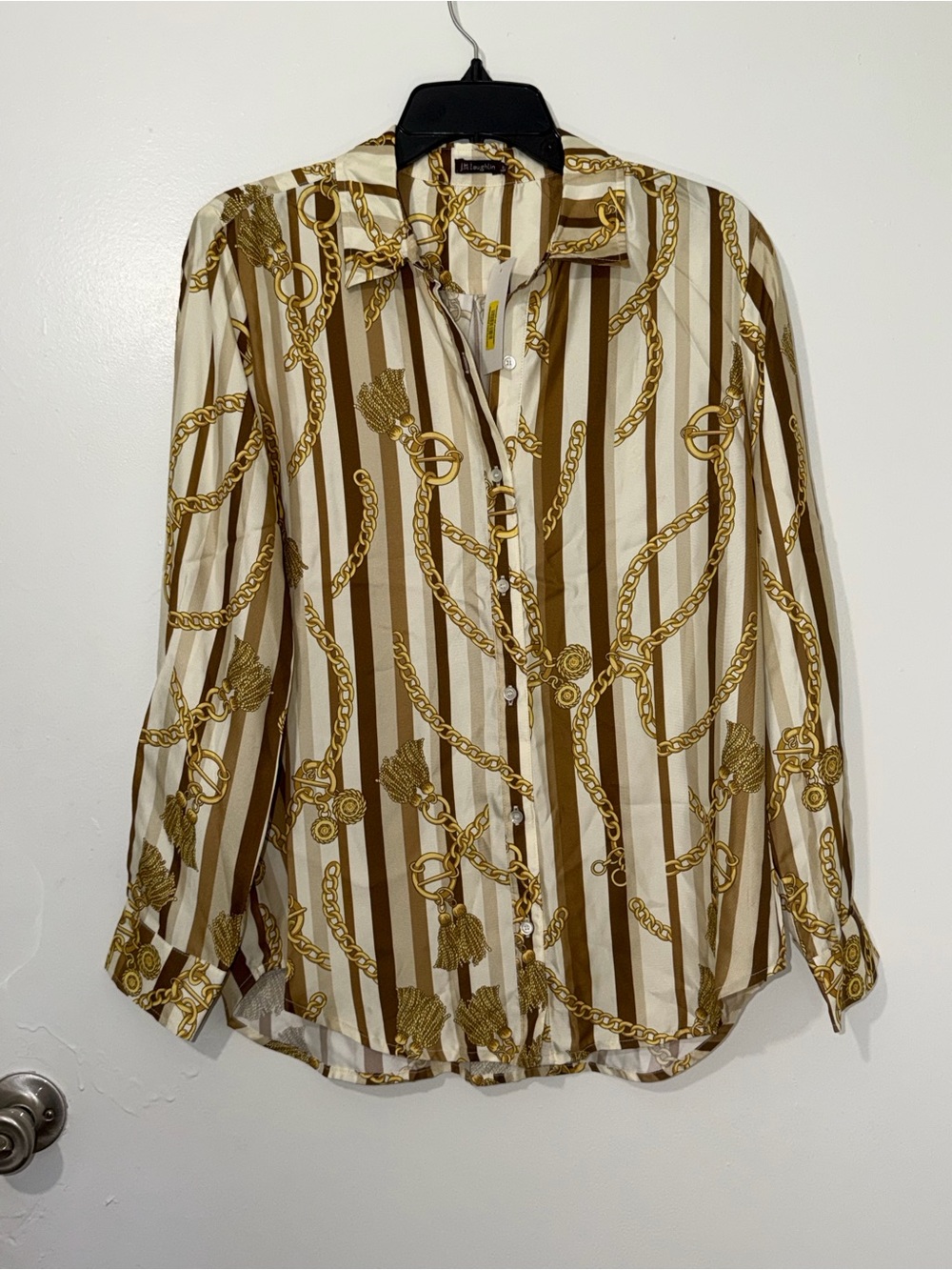 NWT Silk Blend Long Sleeve Gold Chain Old Money Blouse Size M